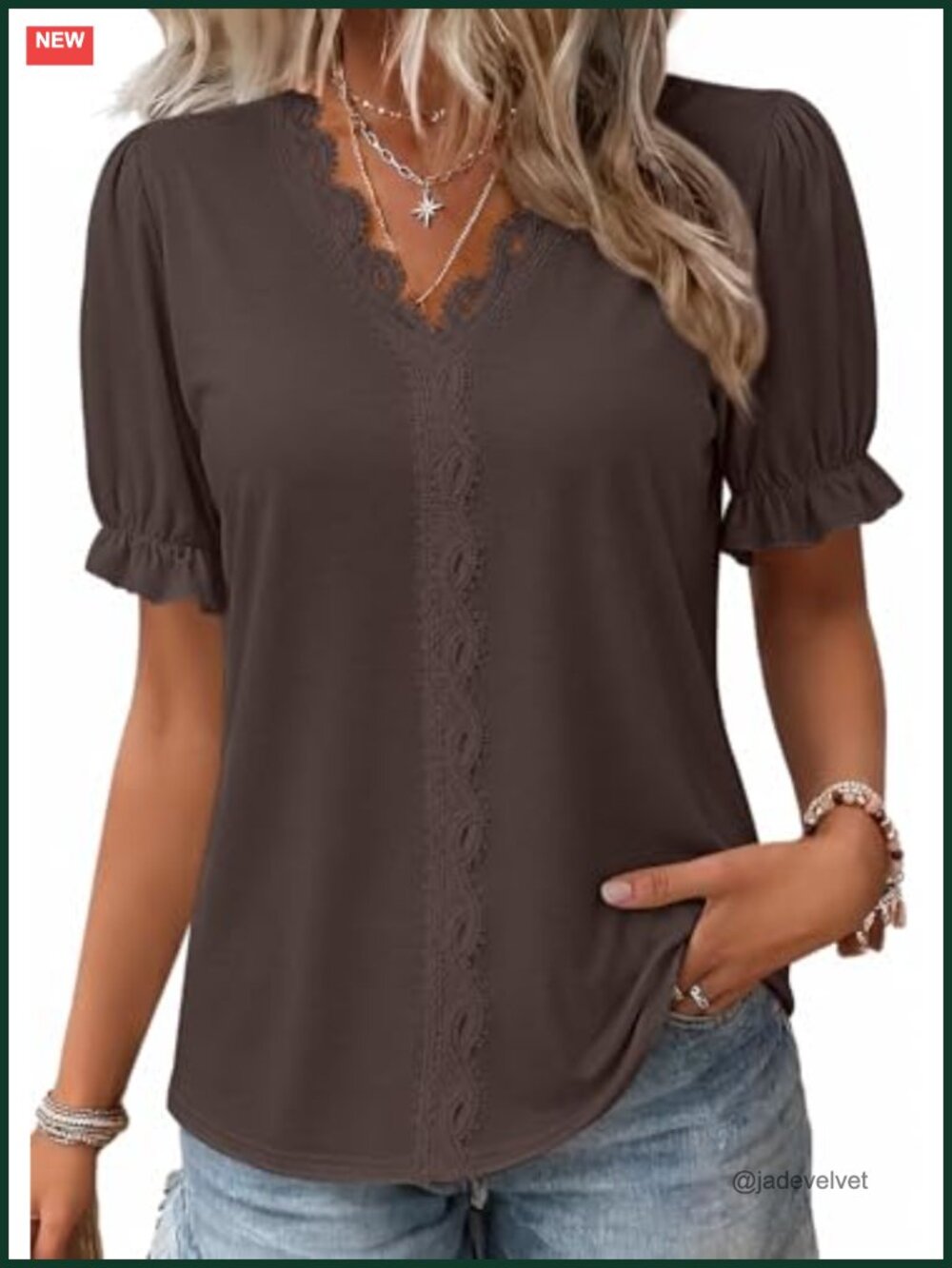 Women's Dressy Casual Ruffle Puff Sleeve Blouse V-Neck Knit